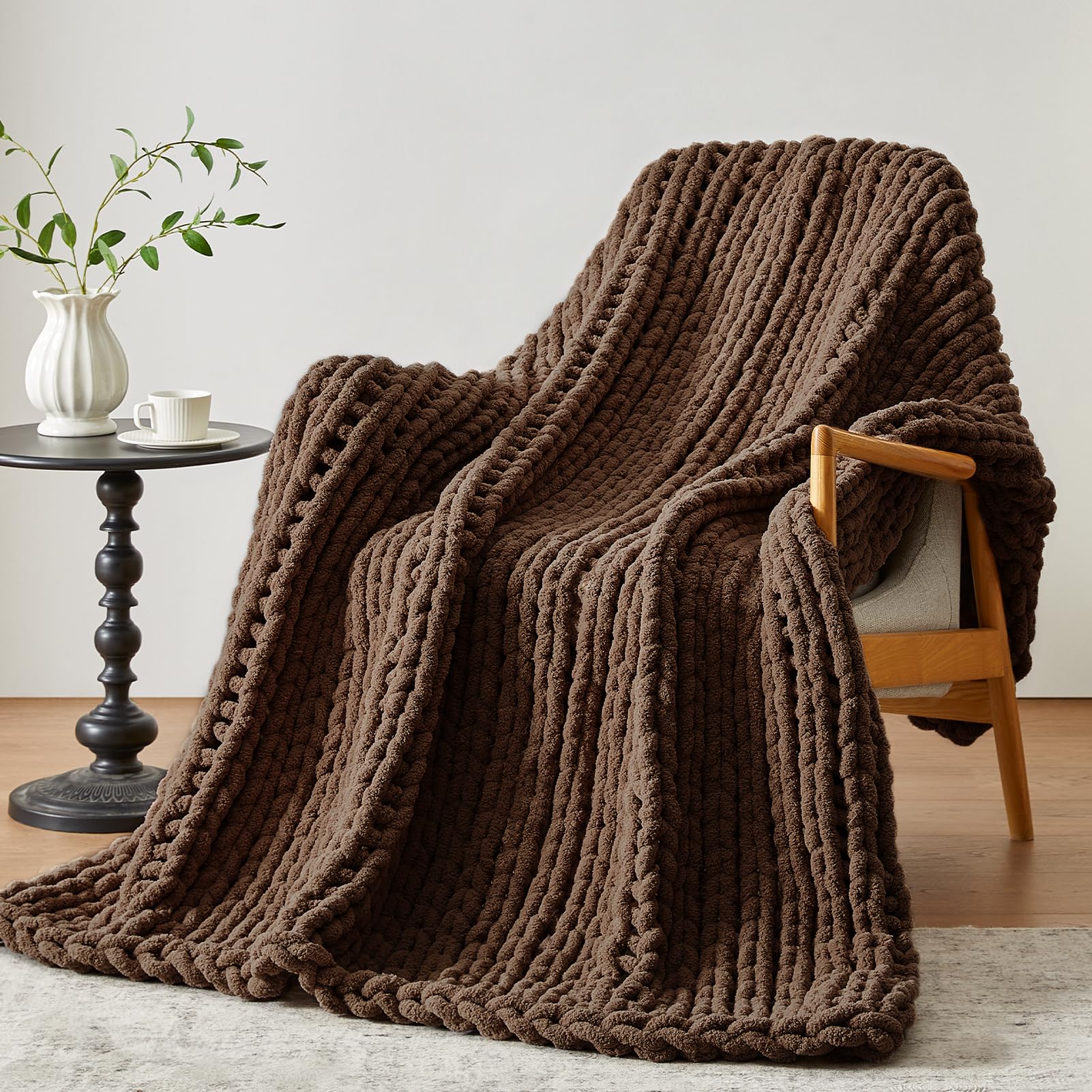Negwoo Chunky Knit Throw Blanket, 30''*40'' Knitted Throw Chenille Yarn for Bed Couch, Handmade Dark Brown Crochet Big Thick Blanket, Machine Washable Cute Comfy Blanket for Home Decor