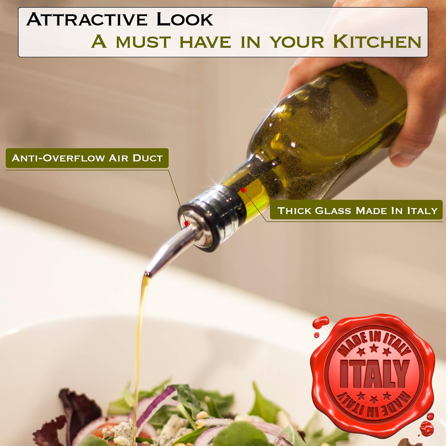 eHomeA2Z Italian Glass Oil And Vinegar Cruet 16 Oz, Olive Oil Dispenser With Stainless Steel Spout, Slight Green Tint (1, 16 oz): Home Improvement