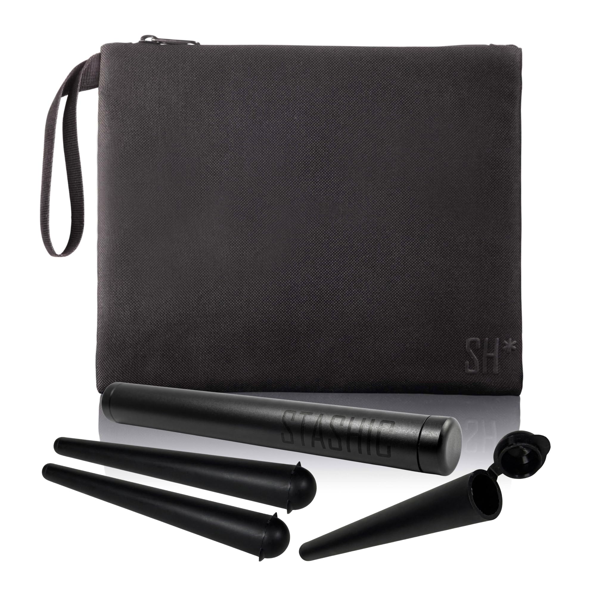 STASHIC Large Smell Proof Bag - Activated Carbon Lining - XL Pouch + XL Metal Storage Tube + 3 Plastic Tubes - SH*