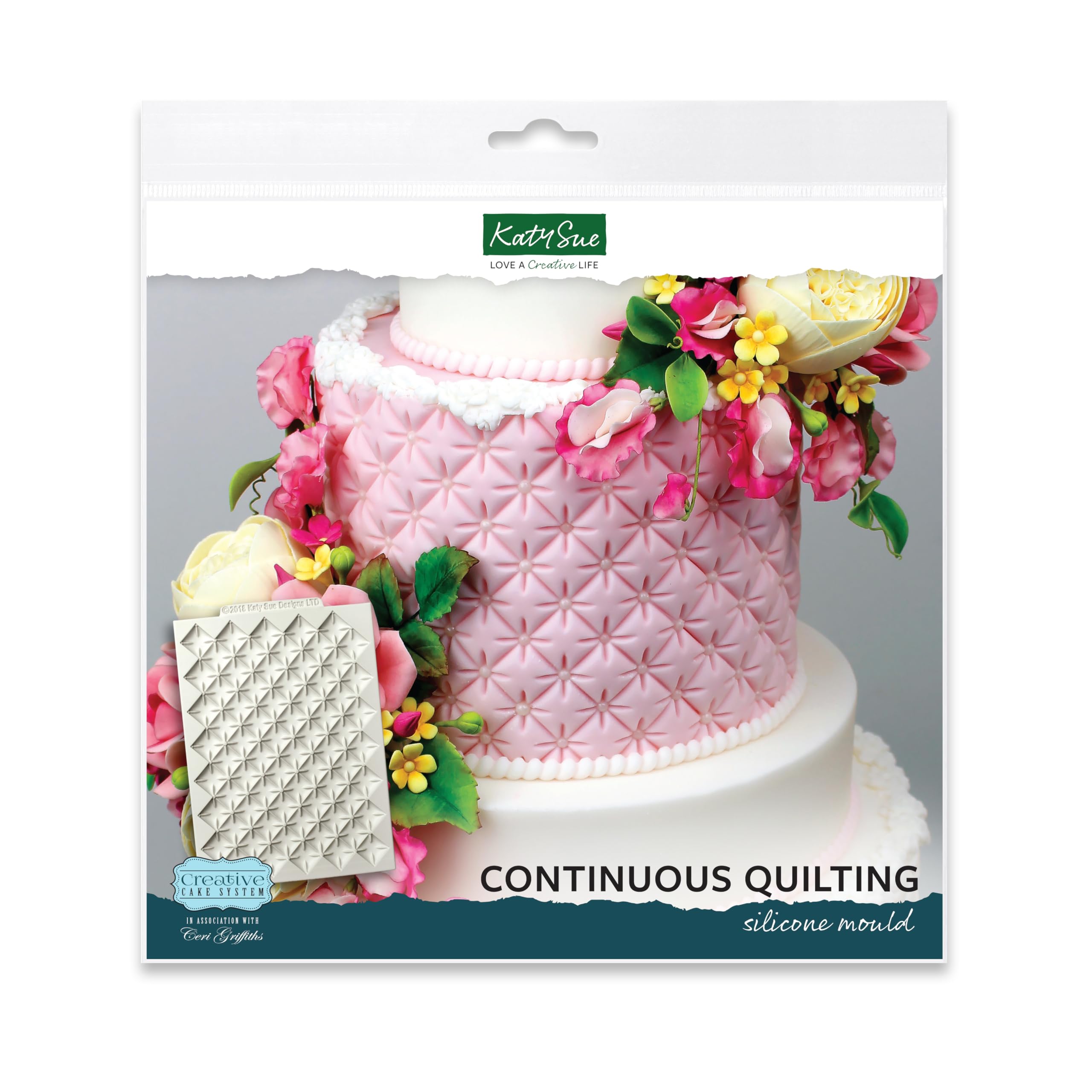 Katy Sue Continuous Quilting Silicone Mould for Cake Decorating - Mould Size 188mm x 136mm (7¼ x 5¼) & Each Quilted Square Measures 17mm x 17mm (¾ x ¾)