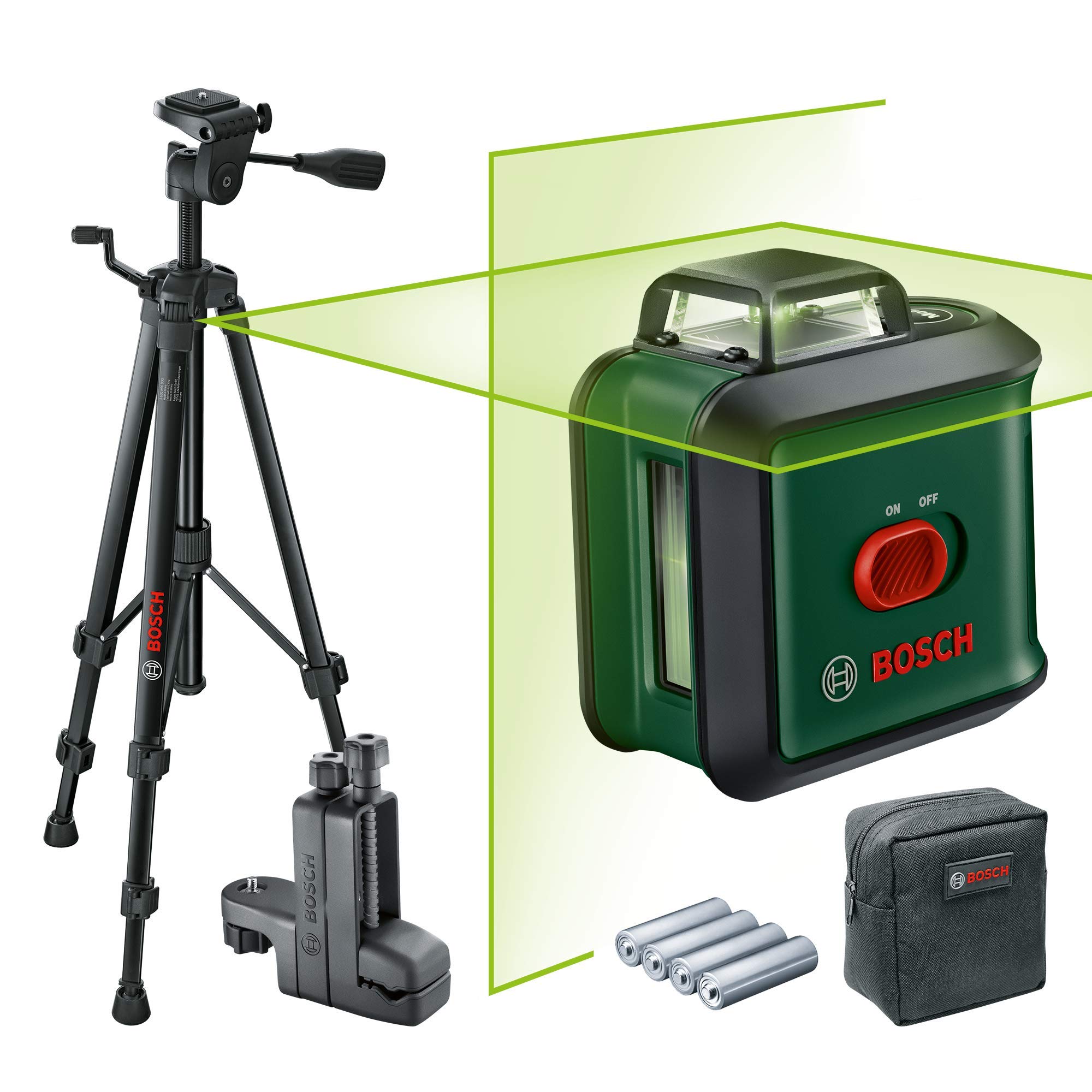 Bosch cross line laser UniversalLevel 360 with premium tripod + universal clamp MM 3 (vertical + horizontal laser lines incl. 360° for alignment throughout the entire room)