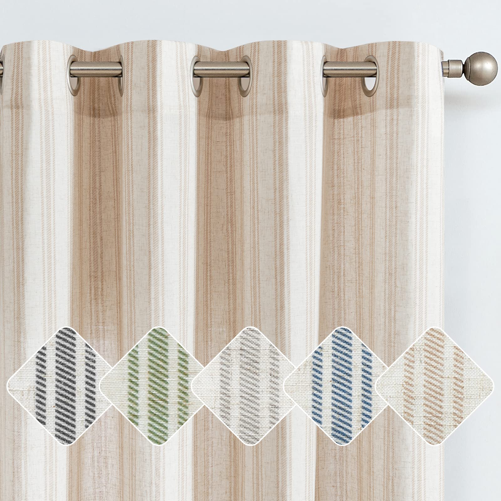 jinchan Linen Curtains 84 Inches Long for Living Room Taupe Striped Curtains Bedroom Country Rustic Window Pinstripe Print Grommet 2 Panels Taupe on Flax