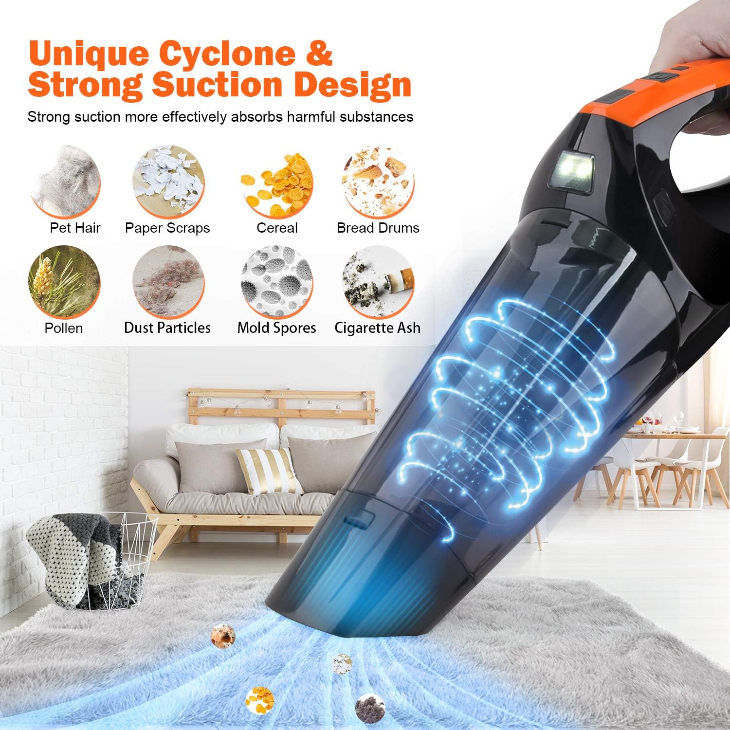 VACPOWER Handheld Vacuum Cleaner Cordless, Portable Hand Vacuum Powered by Li-ion Battery Rechargeable Quick Charge Tech, Mini Vacuum Cleaner with Strong Suction for Pet Hair, Home and Car Cleaning -