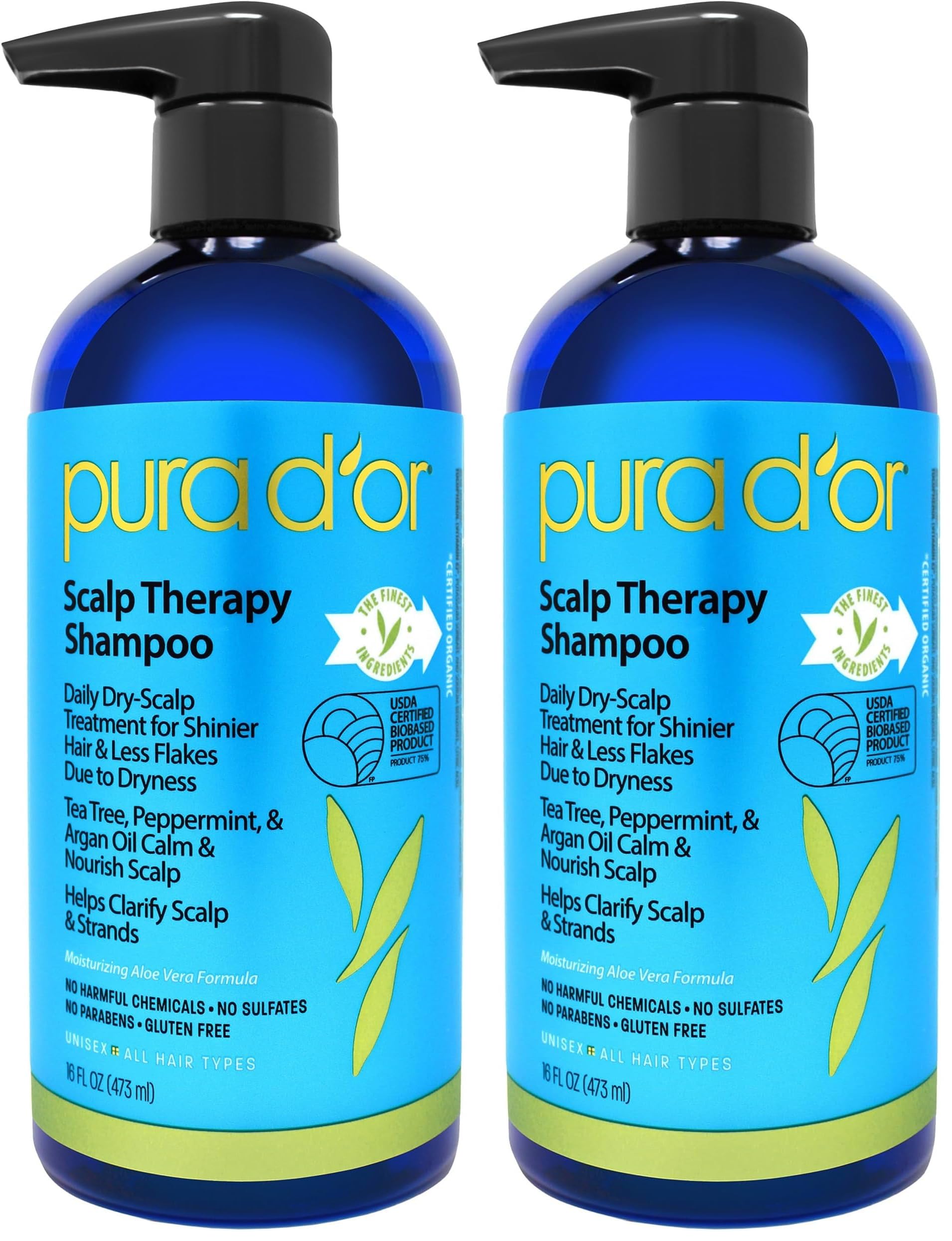 PURA D'OR Scalp Therapy Shampoo Hydrates & Nourishes Scalp Care Shampoo For Itchy Flaky-Scalp Tea Tree,Peppermint,Patchouli,Cedarwood,Clary Sage,Argan Oil 16oz(Packaging may vary)(00602)(Pack of 2) Image