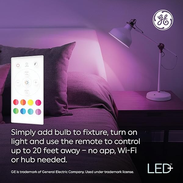 GE LED+ COLOR CHANGING LED LIGHT BULBS WITH REMOTE, 9.5W, NO APP OR WI-FI REQUIRED, A19 (1 PACK)