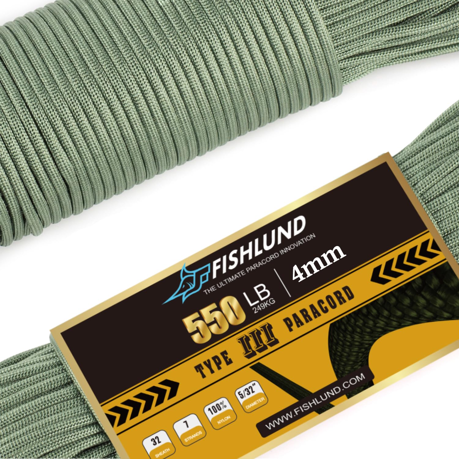 FISHLUND Paracord 550 lb, 7 Strand Type III Paracord Rope 50ft, High Strength Nylon Parachute Cord for Camping, Survival, Tactical and Hiking, Olive Green