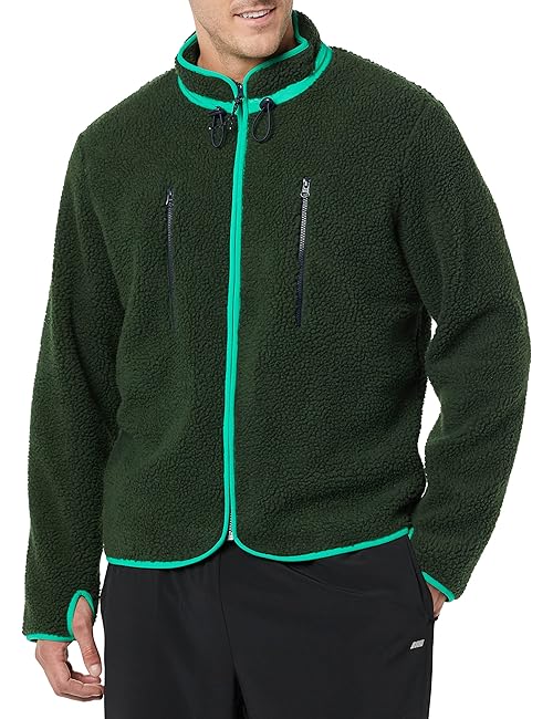 Amazon Essentials Men's Teddy Fleece Full-Zip Mock Neck Jacket with Chest Pockets, Dark Green, Small