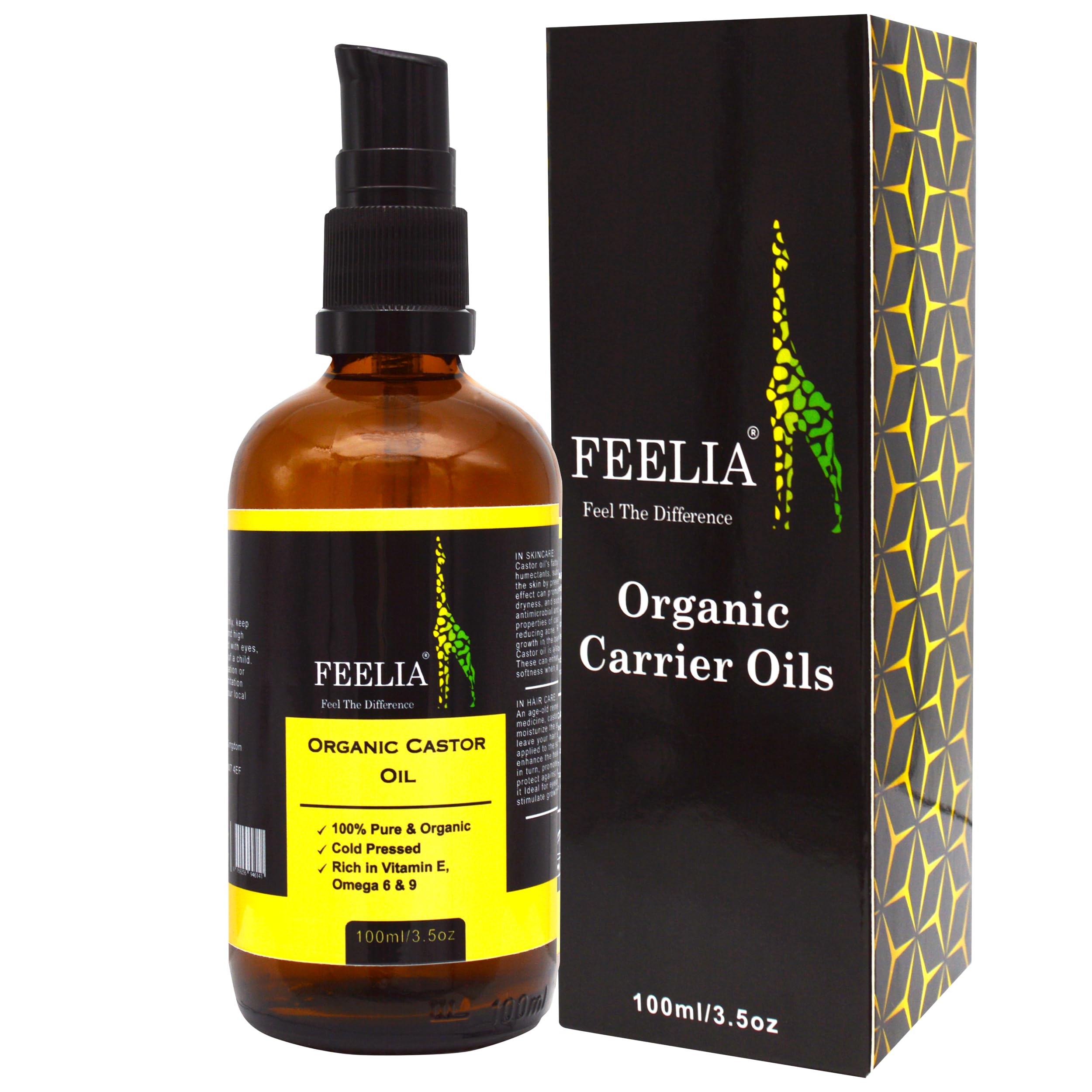Feelia - Organic Castor Oil - Cold Pressed - Rich in Vitamin E, Omega 6 & 9 - 100% Pure & Organic -100ml
