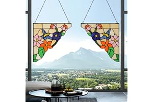 YOURANJU Hummingbird Stained Glass Window Hanging 2 Pieces 10" Window Corner Tiffany Style Animal Window Panel Perfect for Living Room Bedroom Kitchen Window Decoration Hangings with Chain