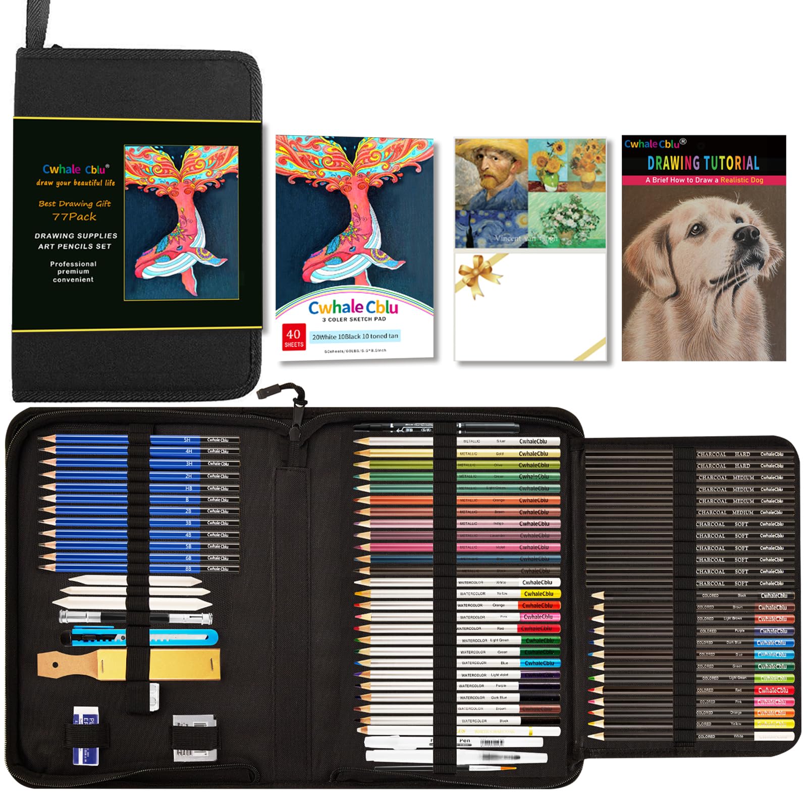 CwhaleCblu 77 Pack Drawing Set Art Supplies,Drawing Supplies with 3-Color Sketch Book, Colored, Graphite, Charcoal, Watercolor&Metallic Pencil, Art Set For Girls Boys Kids Teen ages Beginner