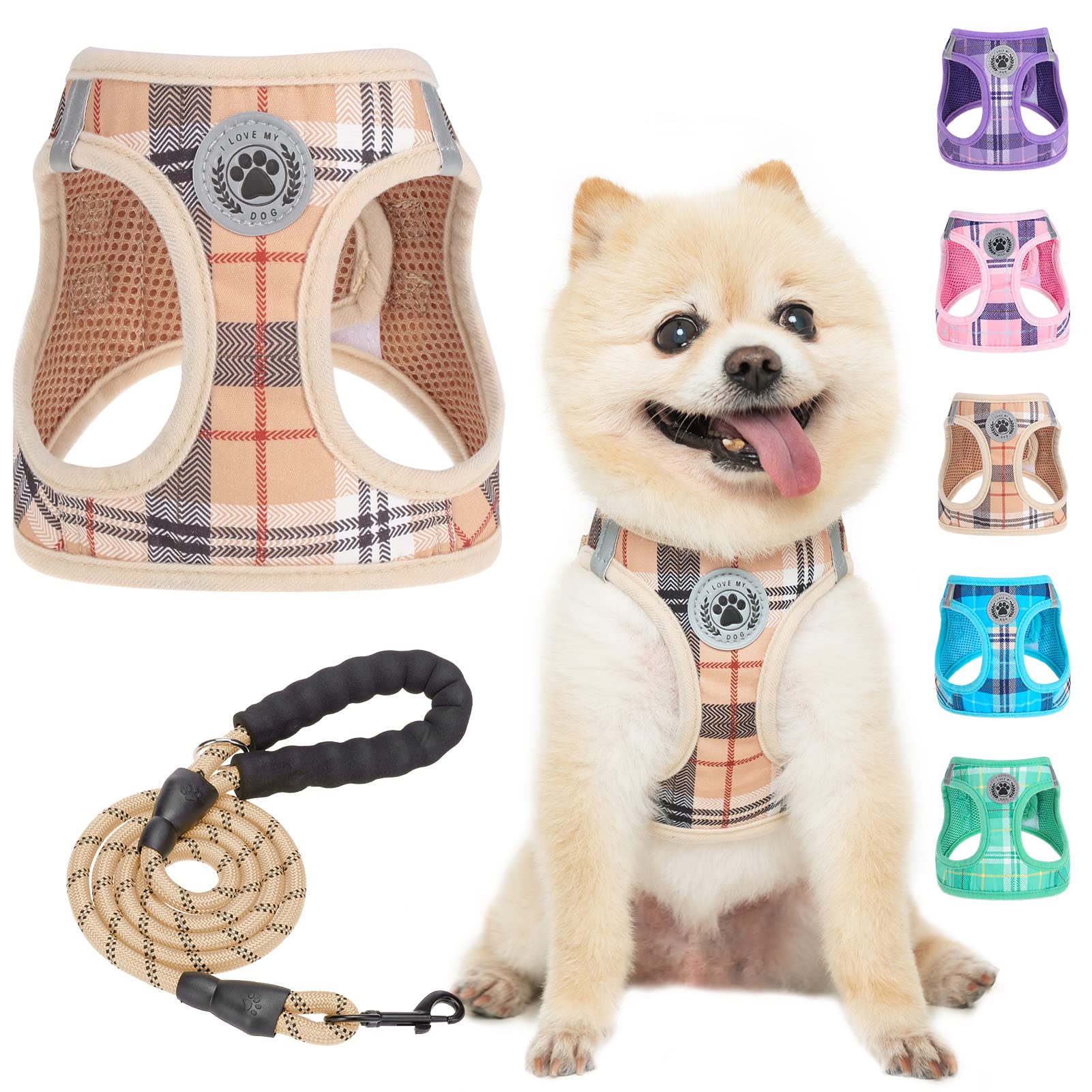 BEAUTYZOO Small Dog Harness and Leash Set,Step in No Chock No Pull Soft Mesh Dog Harnesses Reflective for Extra Small Medium Puppy Dogs and Cats, Plaid Dog Vest Harness for XS S Pets, Beige S