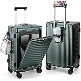 MRPLUM Front Pocket Carry On Luggage,Aluminum Frame PC Hardside Spinner Wheel Suitcase with TSA Lock,Cup Holder,Phone Holder&USB Charging Port,Dark Green(1 Piece)