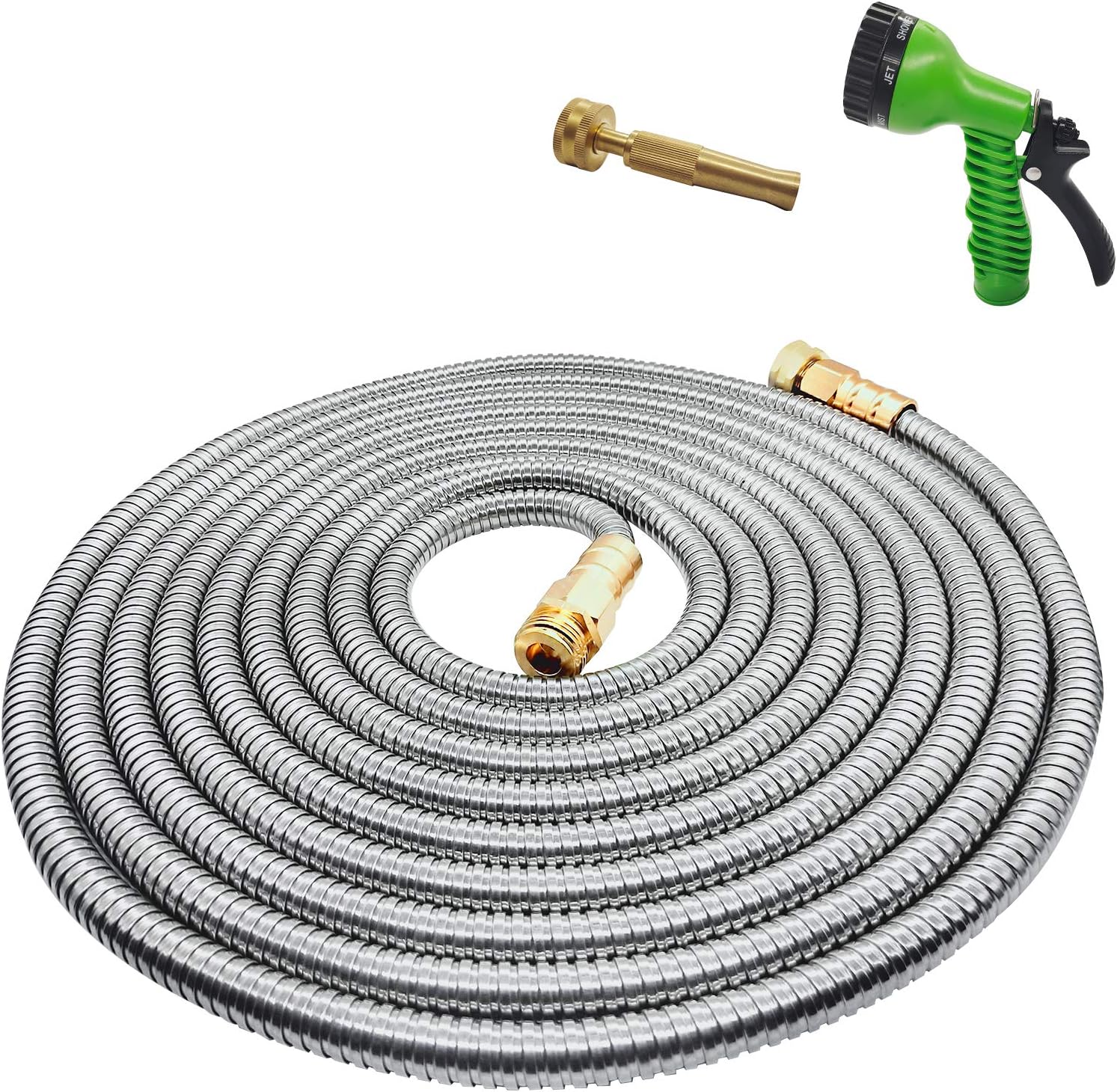 Yereen Stainless Steel Metal Garden Hose 75FT with Solid Brass Nozzle and 7 Function Spray Gun, Heavy Duty Outdoor Metal Water Hoses, Kink Free, Tangle Free, Flexible, Rust Proof