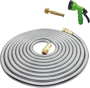 Yereen Stainless Steel Metal Garden Hose 75FT with Solid Brass Nozzle and 7 Function Spray Gun, Heavy Duty Outdoor Metal Water Hoses, Kink Free, Tangle Free, Flexible, Rust Proof