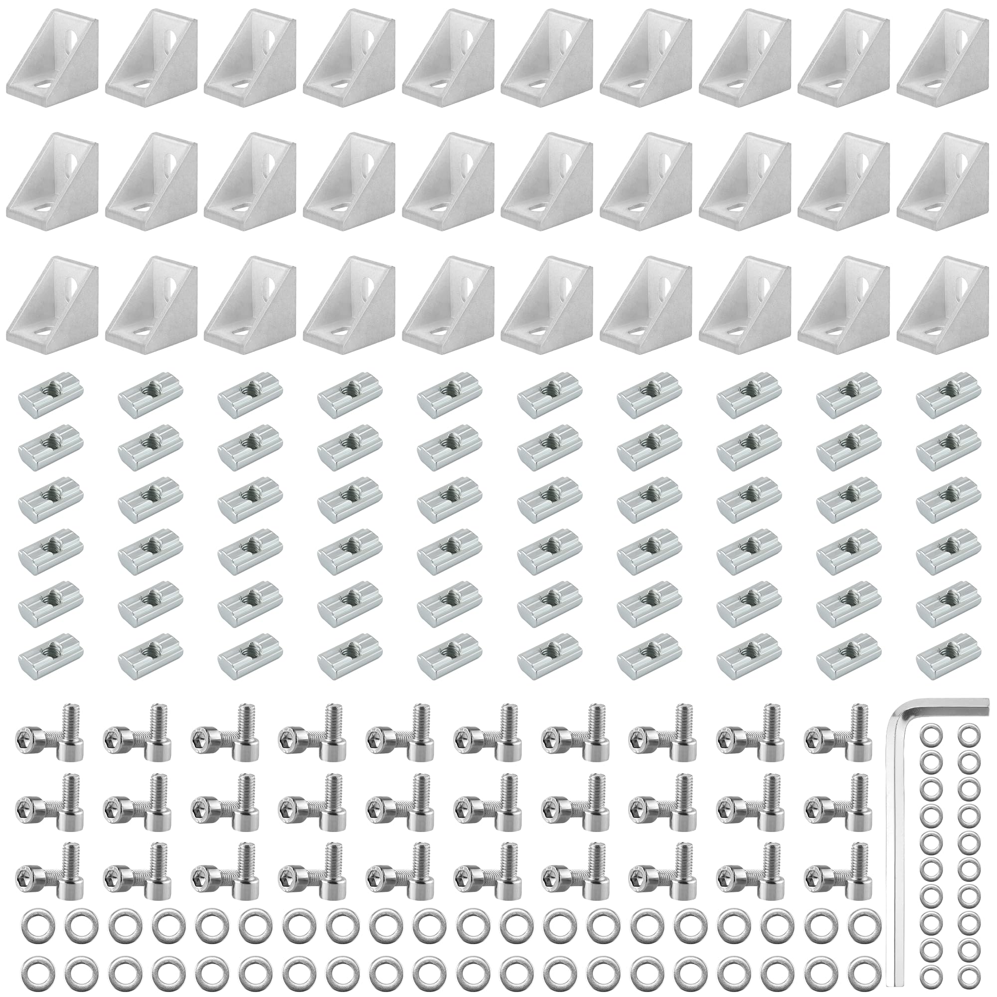 Photo 1 of 30 Set silver 1"x1" 1010 Series Aluminum Extrusion Profile Connector,30pcs Corner Bracket with 60pcs M6 T-Slot Sliding Nuts for 10 Series Aluminum Rail Accessories