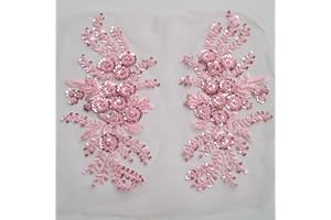 G-RUI 2pc/Pair Luxury Beaded Sequin Flower Embroidery lace Appliques for Wedding Dresses Rhinestone Applique Patches Embroidery lace parches ropa (Pink)