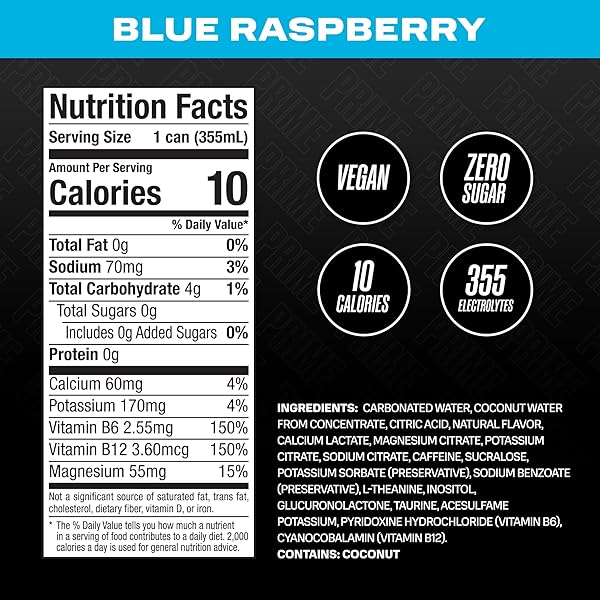 PRIME ENERGY BLUE RASPBERRY | ZERO SUGAR ENERGY DRINK | PREWORKOUT ENERGY | 200MG CAFFEINE WITH 355MG OF ELECTROLYTES AND COCONUT WATER FOR HYDRATION| VEGAN | GLUTEN FREE |12 FLUID OUNCE | 24 PACK