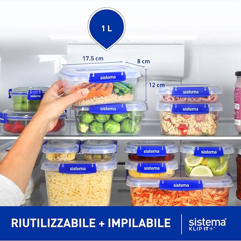 KLIP IT PLUS Contenitori per la conservazione degli alimenti | 1 l | Set di contenitori ermetici | Porta pranzo con Guarnizione ermetic | Clip di bloccaggio facile | 4 pezzi