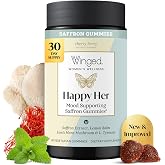 Winged Wellness Happy Her, Daily Mood Support Gummies for Women, 60 Gummies | Daily Mood Enhancer Vegan Supplement - Saffron, L-Tyrosine, Lemon Balm, &amp; Lions Mane Mushrooms for Balance &amp; Calming Relief
