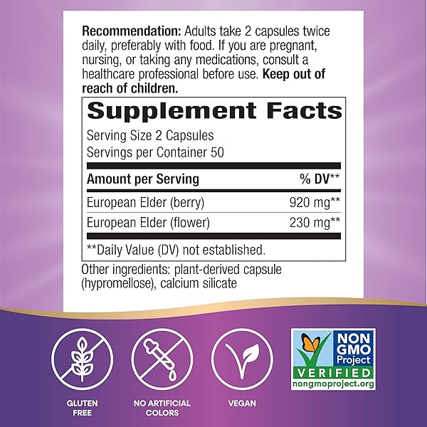NATURE’S WAY BLACK ELDERBERRY CAPSULES, TRADITIONAL IMMUNE SUPPORT* SUPPLEMENT WITH ELDERBERRY AND ELDERFLOWER, PLANT POWERED, 100 CAPSULES (PACKAGING MAY VARY)