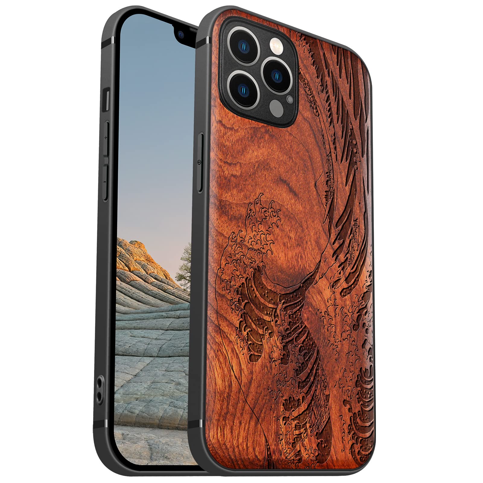 Carveit Magnetic Wood Case for iPhone 12 Pro Max [Hard Real Wood & Soft TPU] Shockproof Protective Cover Unique & Classy Wooden Case Compatible with MagSafe (DThe Great Wave Off Kanagawa-Rosewood)
