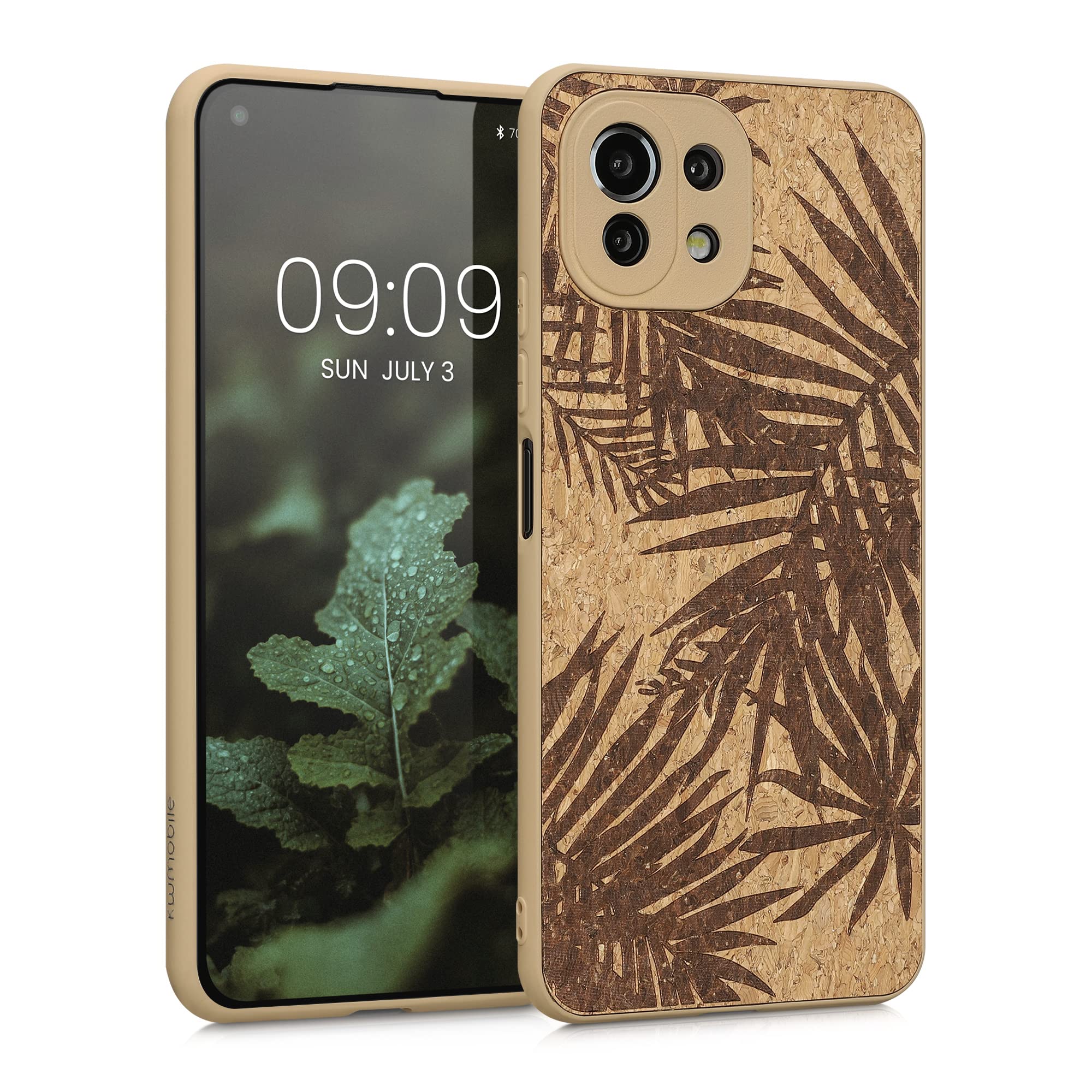 kwmobile Case Compatible with Xiaomi 11 Lite (5G) NE/Mi 11 Lite (5G) - Case with TPU Bumper Cork Slim - Palm Leaves Dark Brown/Light Brown