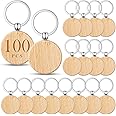 Yinkin 100 Pcs Round Wooden Keychain Blanks Laser Engraving Wood Blanks Key Chain Bulk Unfinished Wooden Key Ring Key Tag for DIY Gift Crafts