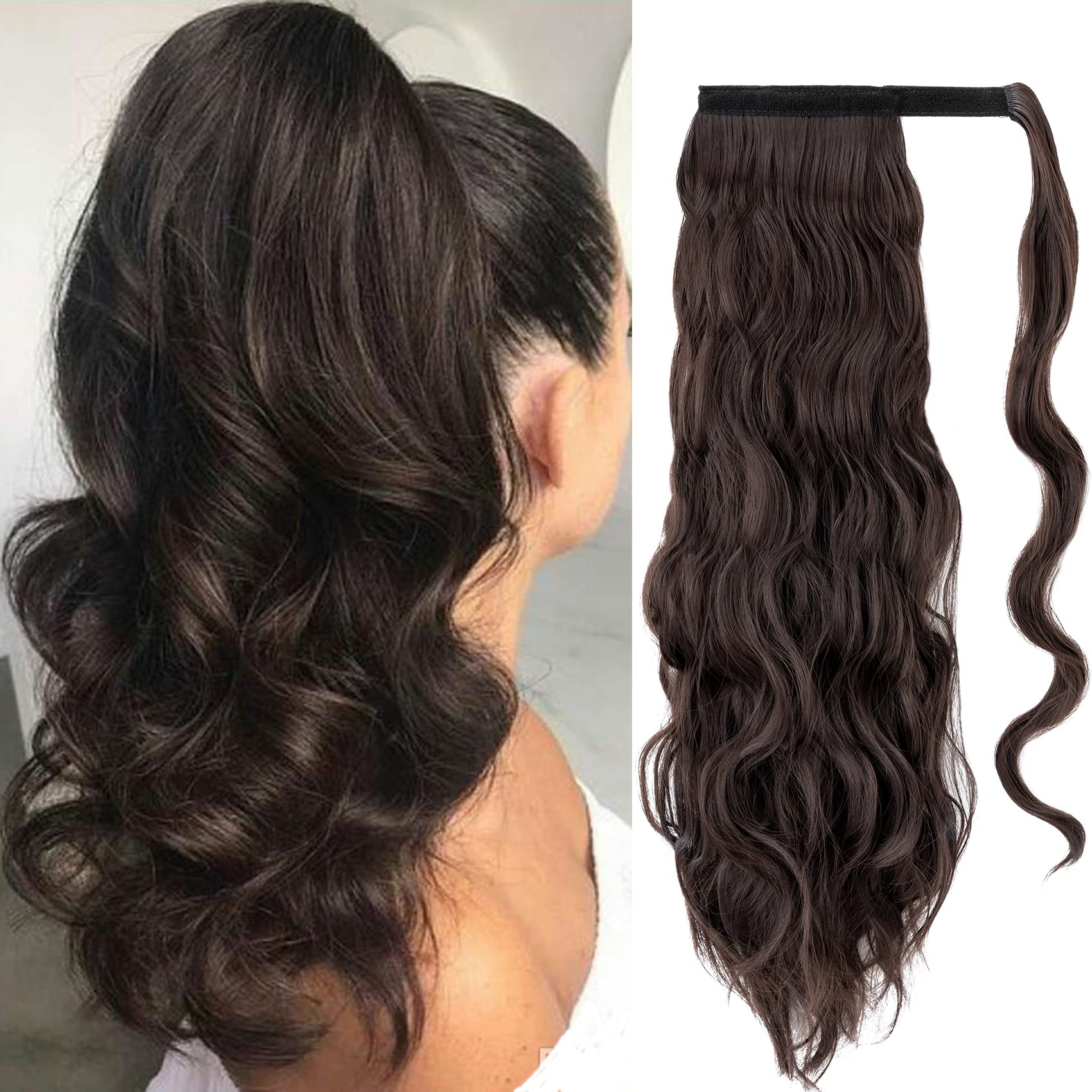 Clip in Ponytail Hair Extension Brazilian Virgin Body Wave Wrap Around Synthetic Hair Ponytail 24Inch High Puff 100% Unprocessed Hairpiece for Women Dark Brown