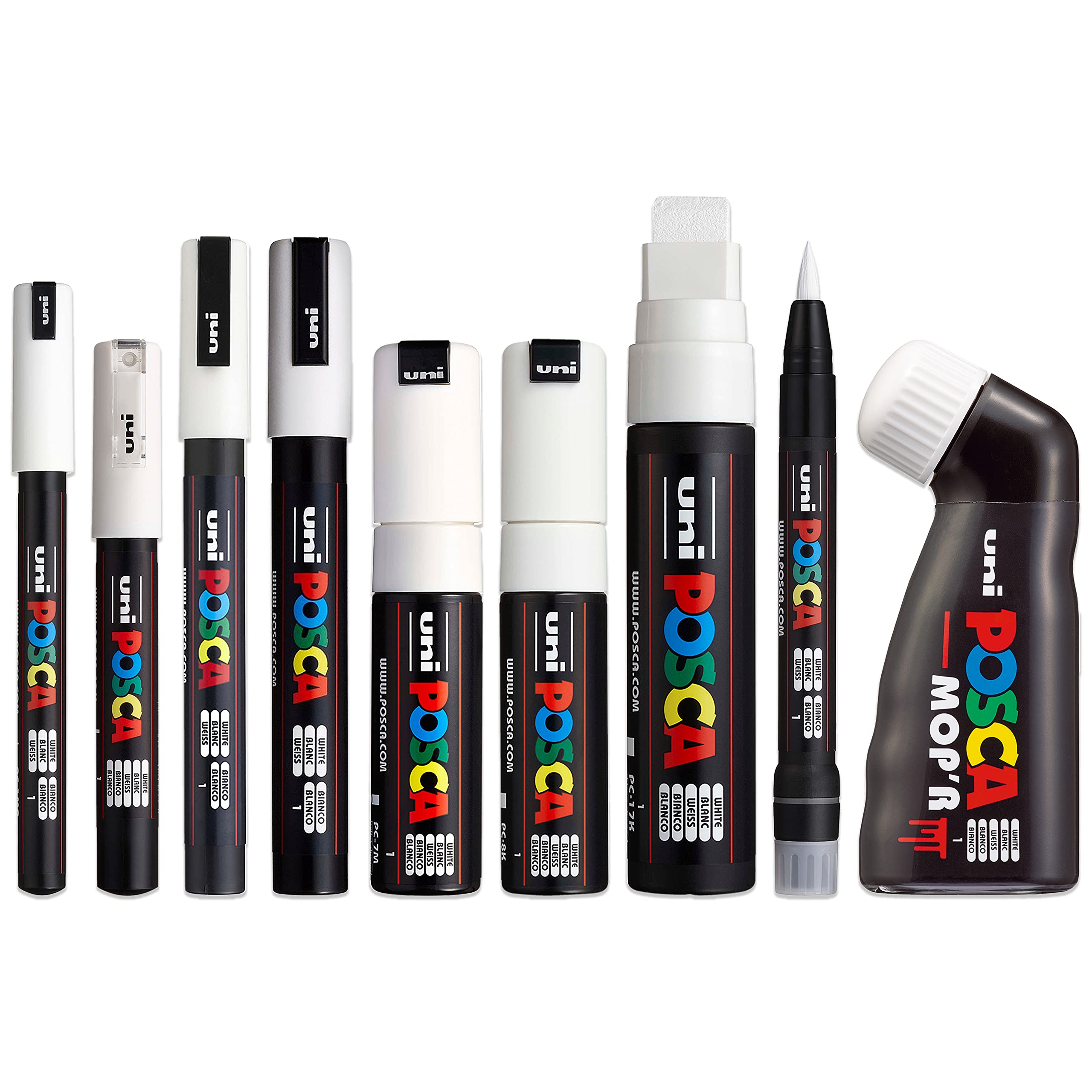 Posca Water Based Permanent Marker Paint Pen - Multi Surface Use - MOP'R, PCF-350, PC-17K, PC-8K, PC-7M, PC-5M, PC-3M, PC-1M, PC-1MR - White Set of 9 Pens