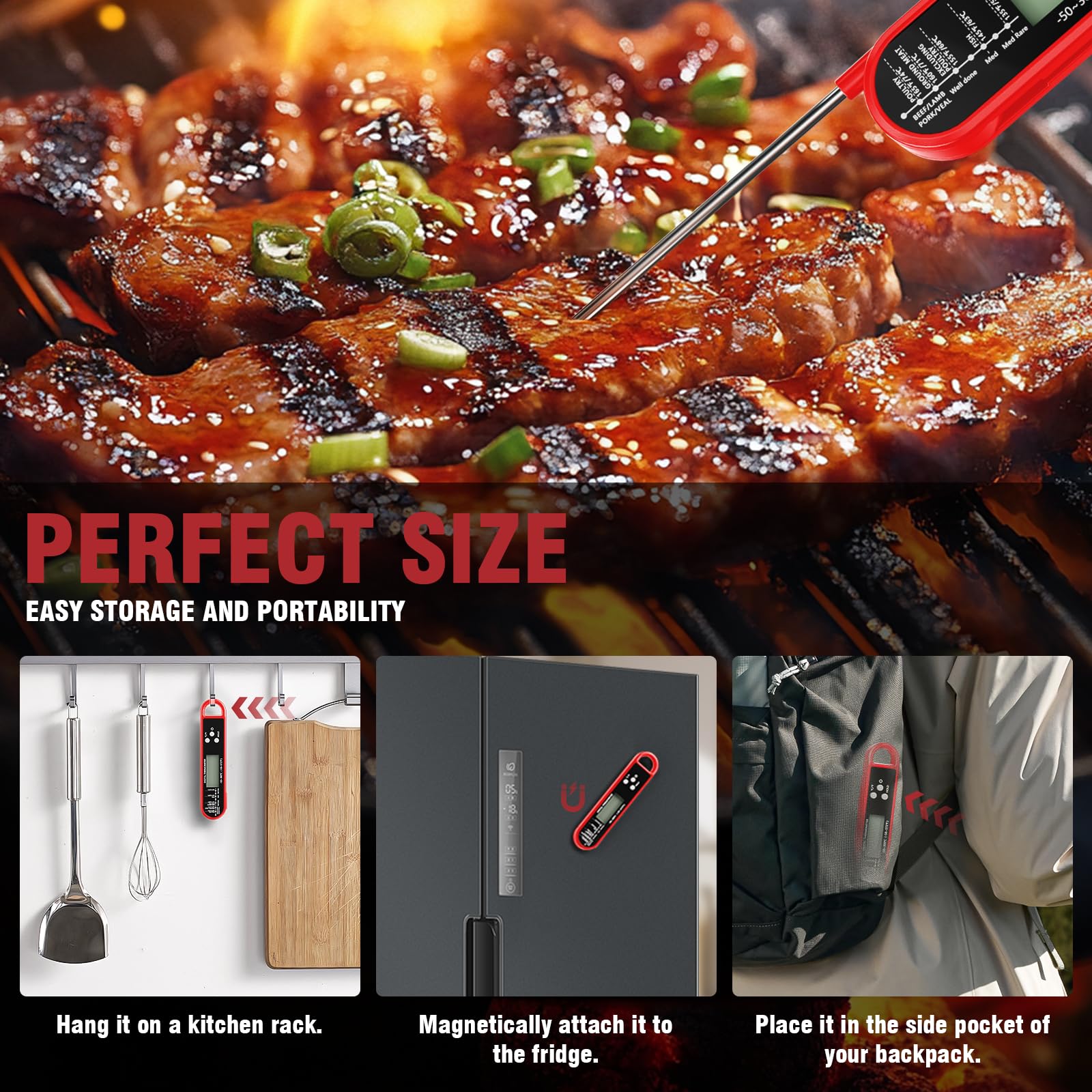 RUN HELIX Fleischthermometer Digital Rot，Bratenthermometer，Thermometer kochen，Langer Sonde und LCD Bildschirm, Ausschaltung für Steak, Essen, BBQ, Backen，Wasserthermometer und Kerntemperaturmesser 6