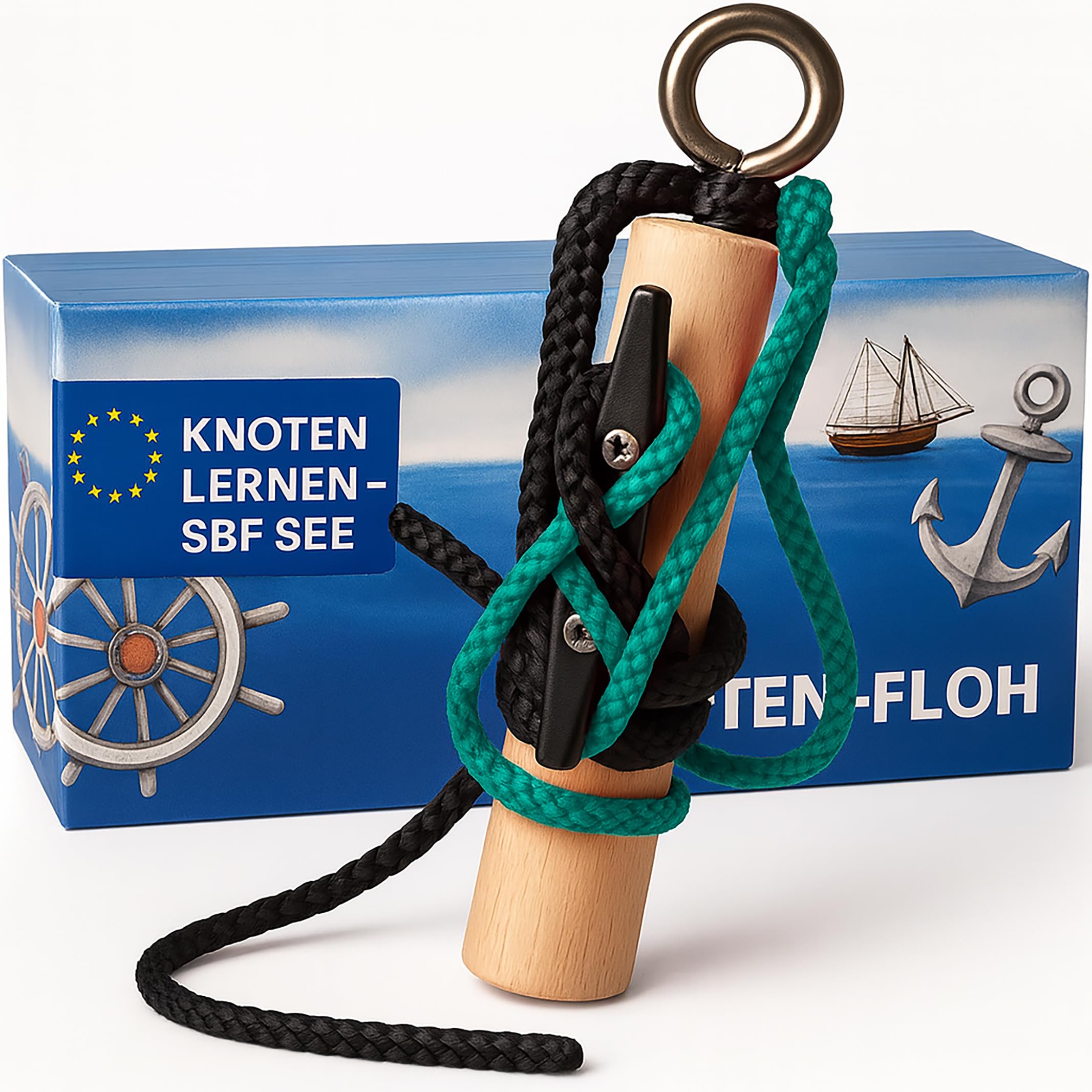 Knoten-Floh Knot Practice Set Sailor Knot Knot Trainer Wooden with Cleat and Rope for Boat Driving Licence SBF Lake & SBF Indoors, Includes Knot Board and Instructions (SW/Green)