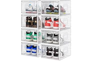 YFXCVSL 8 Pack Thicken & Clear Shoe Boxes Organizer with Magnetic Door, Stackable Storage Boxes for Shoes, Boot, Sneaker - Harder Plastic Shoe Storage Stackable Shoe Boxes for Closet Shoes Wall, White