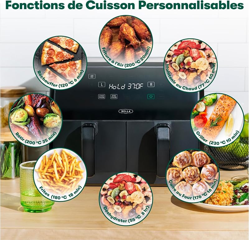 Friteuse à air à panier double 8.0 QT, Multifonction 5-en-1 avec Plateau et Panier Antiadhésifs Amovibles et Lavables au Lave-vaisselle, 2850 Watts, Noir Mat