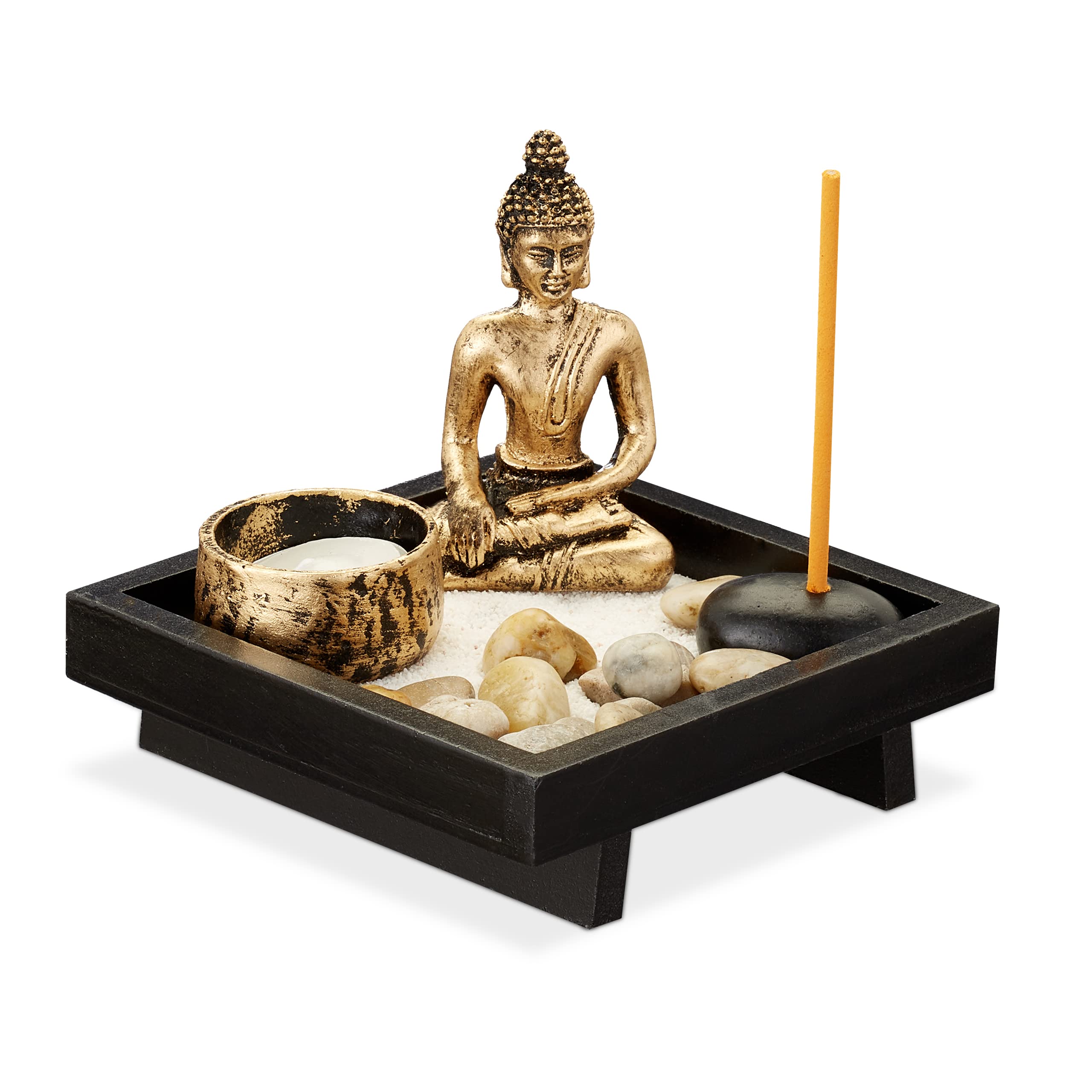 Relaxdays Zen Garden Buddha Statue, Tranquillity Set, Pebbles, Sand, Joss Stick, Tea Light, Feng Shui Decoration, Black, Fibreboard, Pack of 1