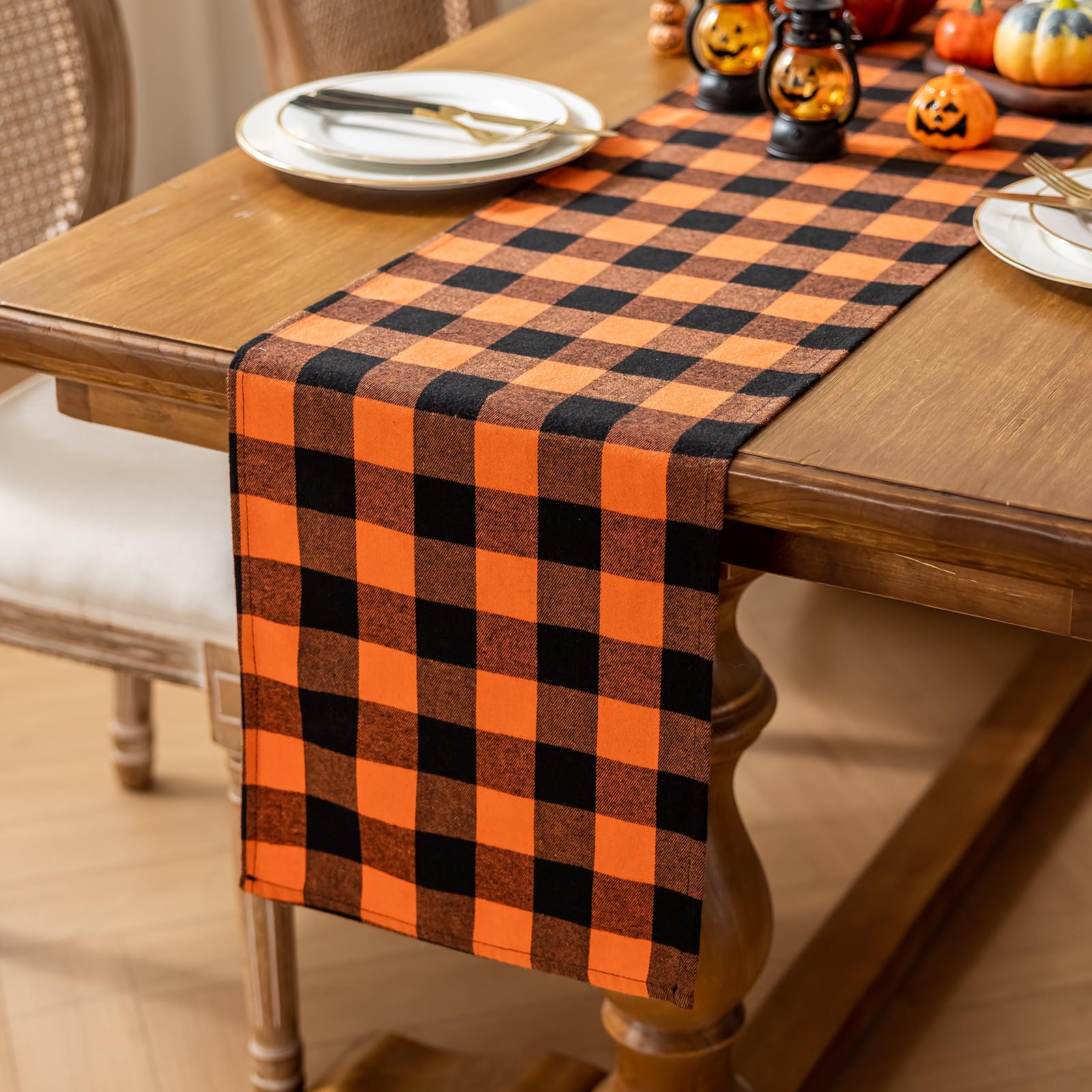 Photo 1 of Joyfol Day Halloween Orange Buffalo Plaid Table Runner - 13x90 Inch Fall & Thanksgiving Decor, Stain Resistant Washable for Dining/Kitchen