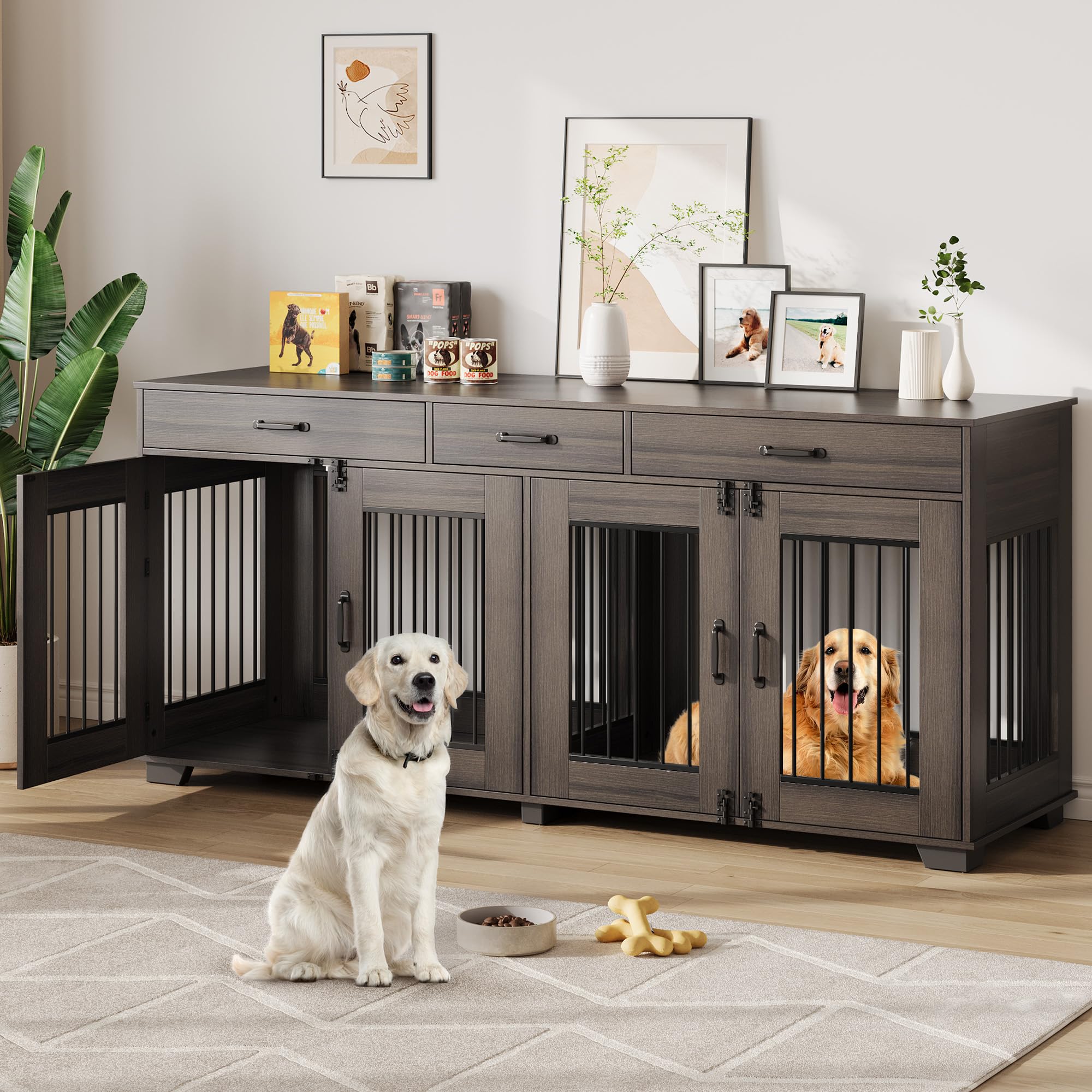 Photo 1 of **ASSEMBLY INSTRUCTIONS INCLUDED** 71" Large Dog Crate for 2 Dogs, Double Dog Cage Furniture with 3 Drawers for Ample Storage Space, Furniture Style Indoor Dog Crate & TV Stand, for Large Medium Dogs, Walnut