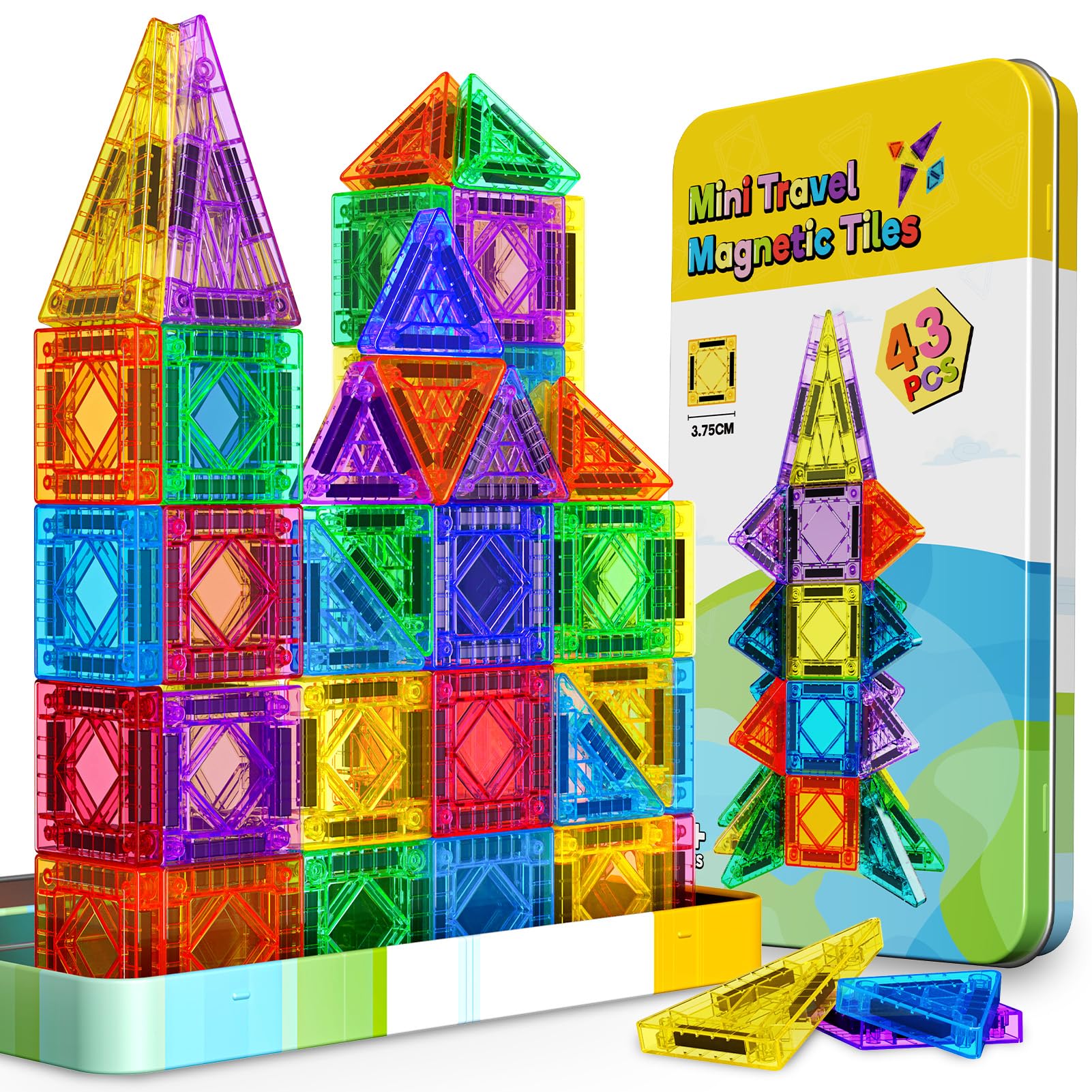 43 Pcs Mini Travel Magnetic Tiles Set, Toys for 3 4 5 6 Year Old Boys Girls, Plane Activities for Kids, Toddlers Learning Toys Magnetic Blocks Building Travel Toys Birthday Gift for Kids