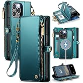 Defencase for iPhone 13 Pro Max Magnetic Wallet Case Compatible with Magsafe with RFID Blocking Zipper Strap Card Holder for Women, PU Leather Detachable Case for iPhone 13 Pro Max (6.7"), Blue Green