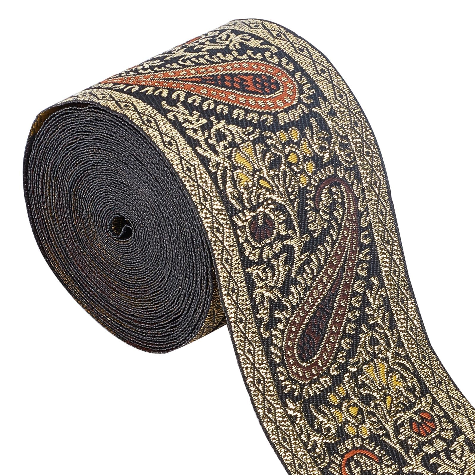 GORGECRAFT 4.9 Yards Metallic Jacquard Ribbon 2 Inch Width Embroidery Bohemian Ribbon Trim Polyester Flat with Teardrop Pattern Woven Upholstery Fabric for Gift Bouquet Wrapping Bag Strips Hat Bands