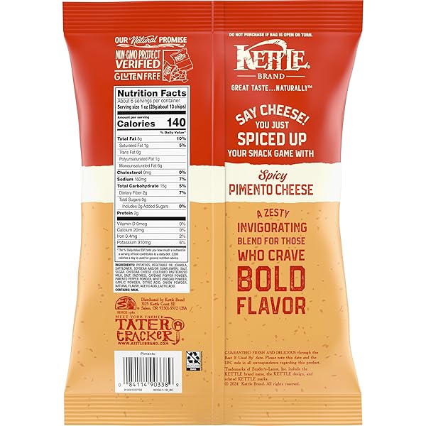 KETTLE BRAND SPICY PIMENTO CHEESE FLAVORED POTATO CHIPS, 6.5 OZ BAG
