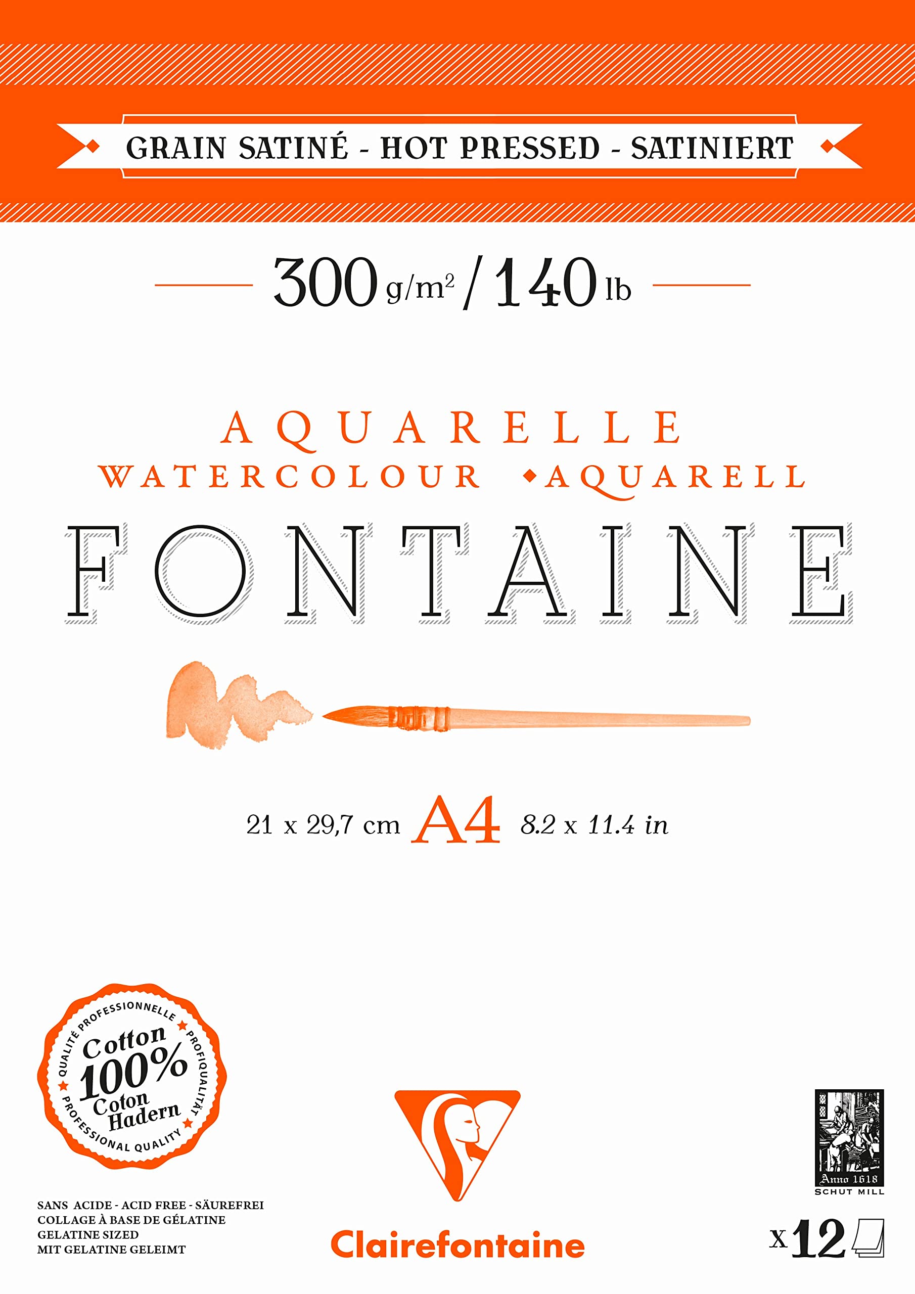 Clairefontaine 975948C - Pad Glued 2 Sides Fontaine - 12 Sheets White Watercolor Paper 100% Cotton Satin Grain Professional Quality A4 21x29.7 cm 300g