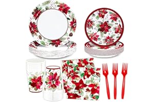 DYLIVeS Christmas Party Supplies, Christmas Poinsettia Flower Disposable Dinnerware Merry Winter Holiday Party Decorations family Xmas Paper Plates and Napkins Cups Forks Tableware Set, Serves 24