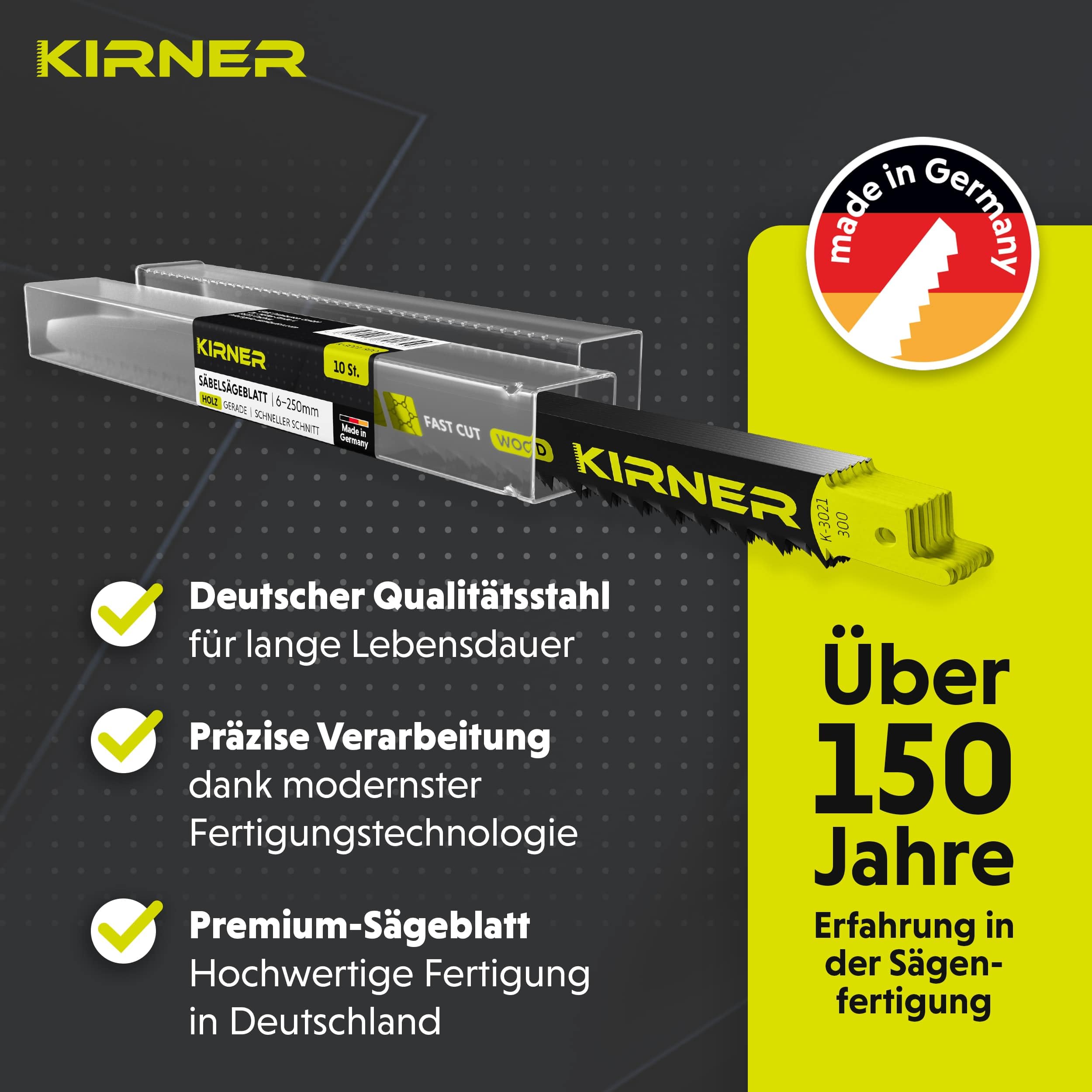 KIRNER Säbelsägeblätter Holz 300mm [ Extrem scharf & Langlebig ] 10er Pack Sägeblätter Säbelsäge inkl. Box - Reciprosägeblätter mit Universalaufnahme für alle Holz und Kunststoff 6-250mm 7