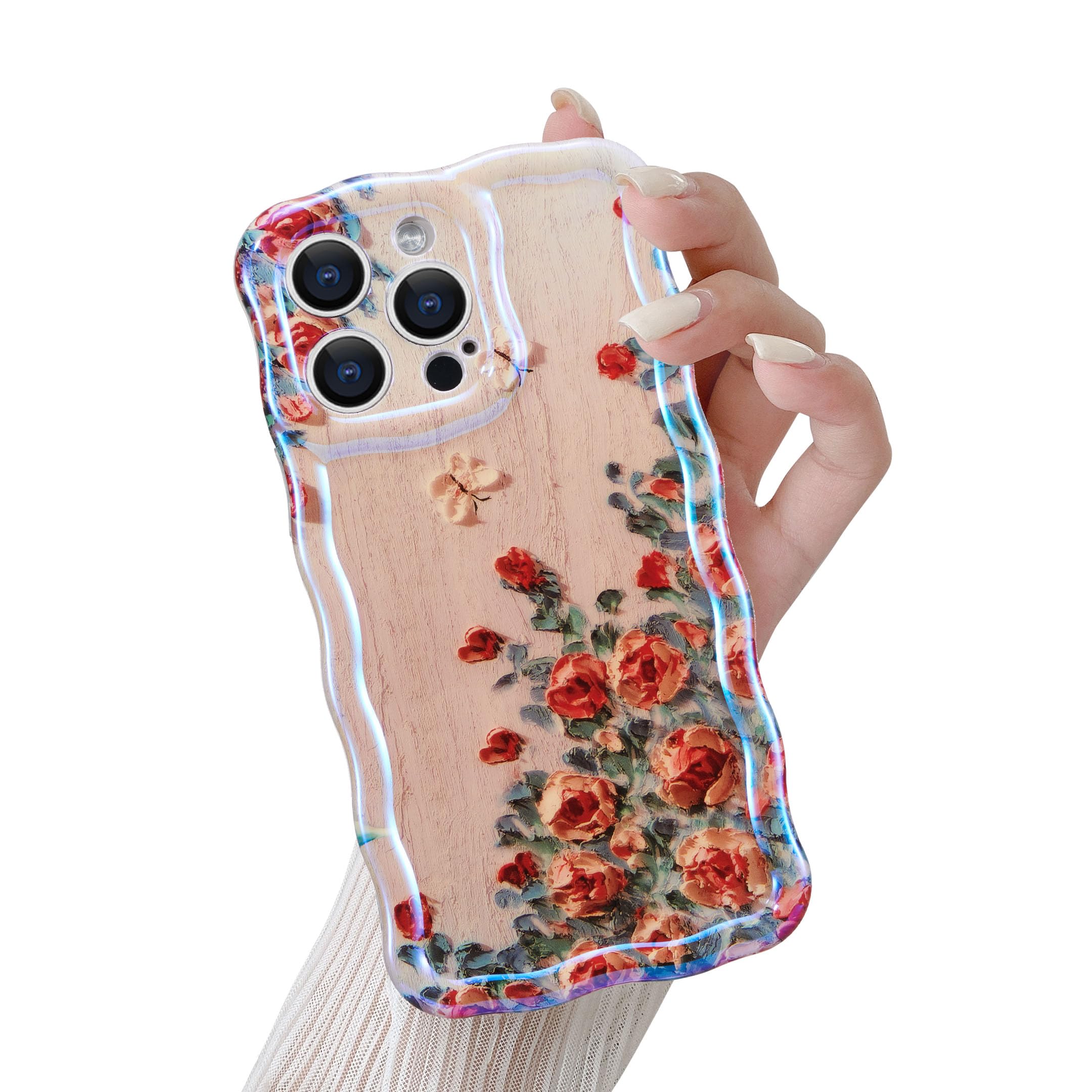 QLTYPRI Case for iPhone 12 Pro, Colorful Retro Oil Painting Flower Pattern Cute Curly Wave Frame Exquisite Phone Case for Girls Women, Shockproof TPU Protective Phone Cover for iPhone 12 Pro - Beige