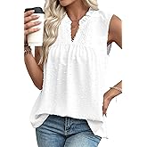 EVALESS Women's Tops Lace V Neck Dressy Casual Sleeveless Blouses Elegant Swiss Dot Smocked Shirts Spring Fashion
