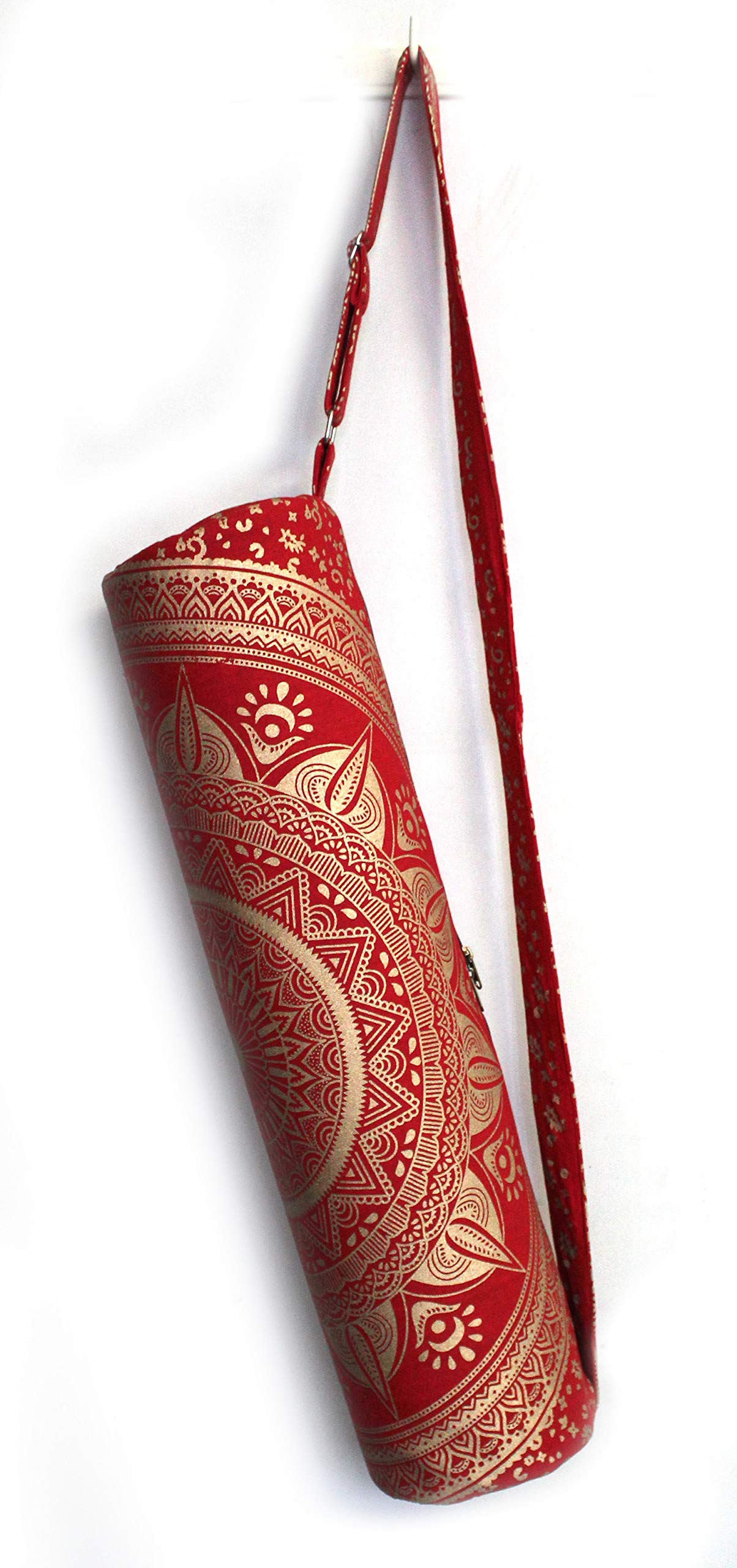 INDIAN CRAFT CASTLE Flower Hippie Yoga Mat Carrier Bag with Shoulder Strap Yoga Mat Bag Gym Bag Boho Beach Bag (red Gold Yoga Bag)