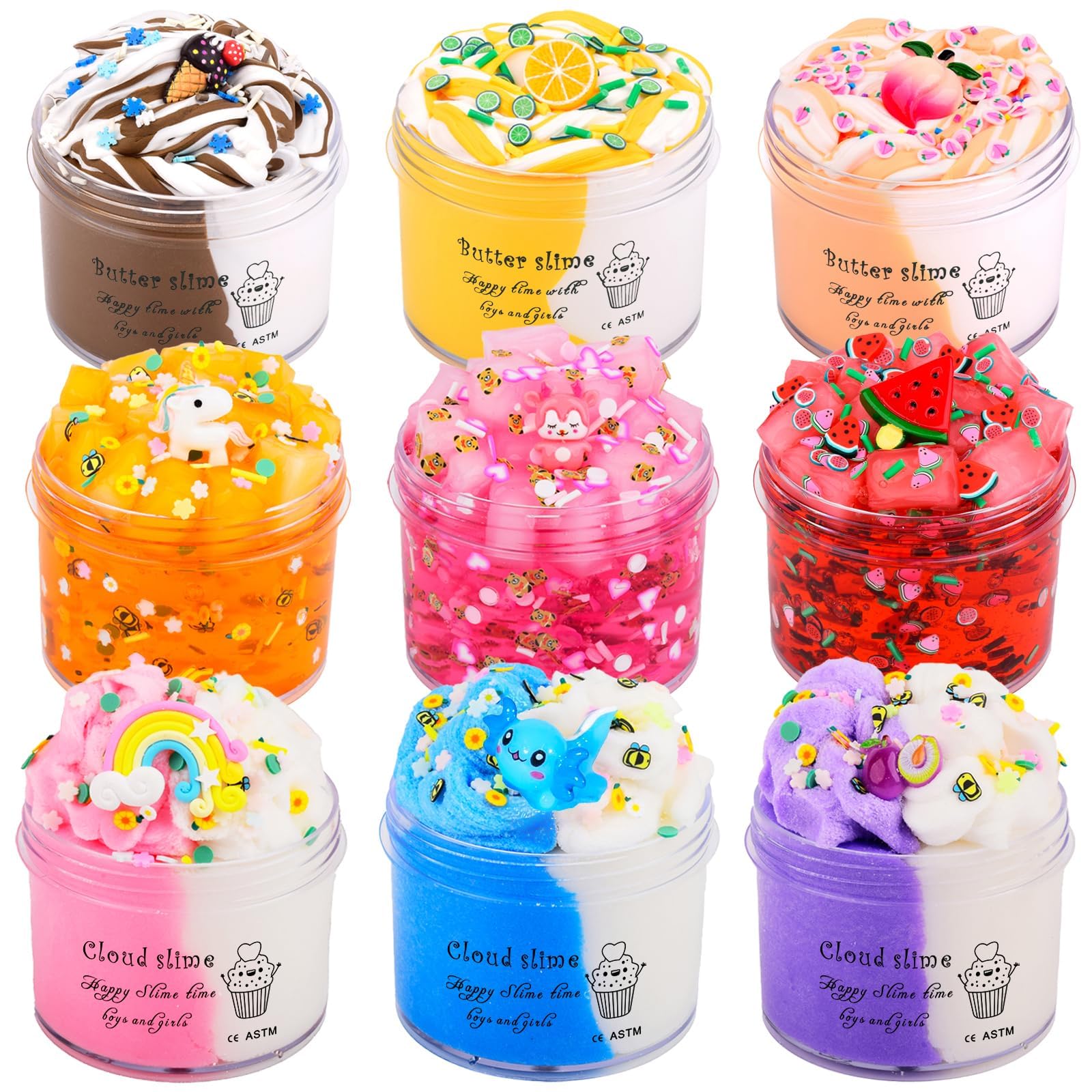 Photo 1 of 9 Pack Slime Kit, with 3 Jelly Cube Crunchy Slime 3 Butter Slime 3 Cloud Slime, Soft Non-Sticky, DIY Stress Relief Toys for Girl Boys, Birthday Gift, Party Favor