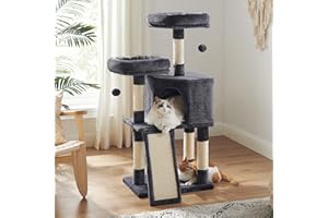 Feandrea Cat Tower, Cat Tree for Indoor Cats, 45.3-Inch Cat Condo with Scratching Post, Ramp, Perch, Spacious Cat Cave, for Kittens, Elderly Cats, Adult Cats, Small Space, Smoky Gray UPCT141G01