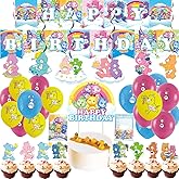 52pcs Bears Party Decorations Pack - Birthday Occasion, Pink, Purple, Green, Blue - Includes Happy Birthday Banner, Cake Topper, Cupcake Toppers, Hanging Swirl, Balloons