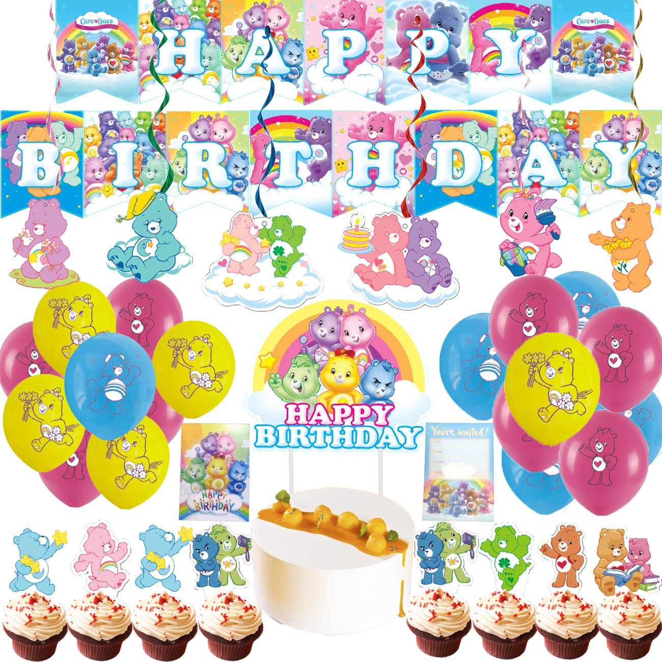 Photo 1 of 52pcs Bears Party Decorations Pack - Birthday Occasion, Pink, Purple, Green, Blue - Includes Happy Birthday Banner, Cake Topper, Cupcake Toppers, Hanging Swirl, Balloons